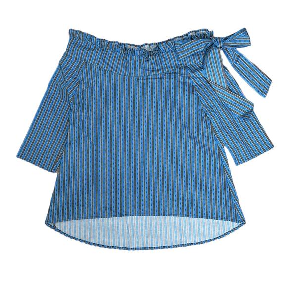 NWT Never A Wallflower Blue and Brown off the shoulder bow top size xs - Picture 1 of 4